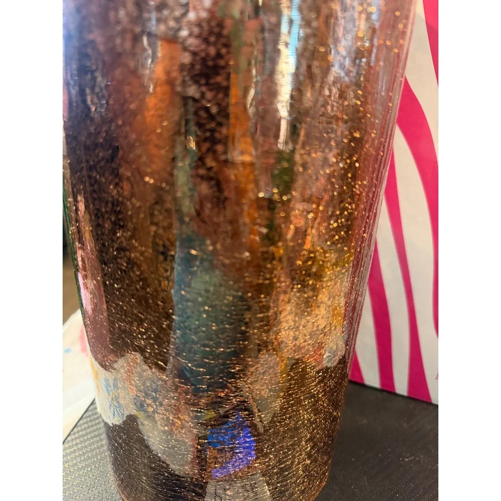 Pink Zebra Gold Mercury Crackle Glass Cylinder Vase 11.5 Inch Copper Bronze